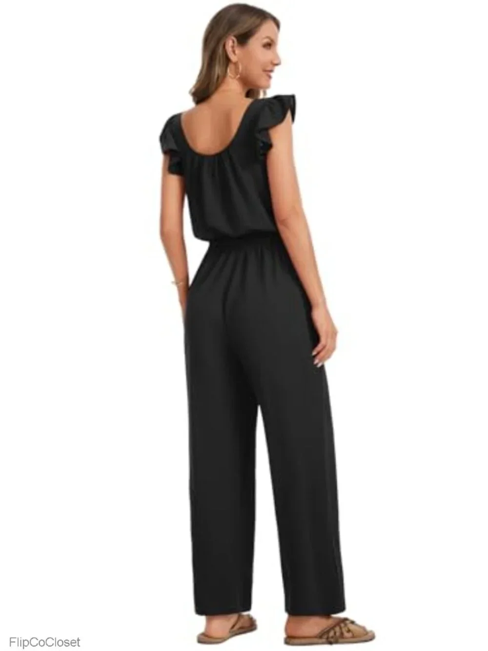 Women's Square Neck Ruffle Sleeve Drawstring Wide Leg Jumpsuit Romper with